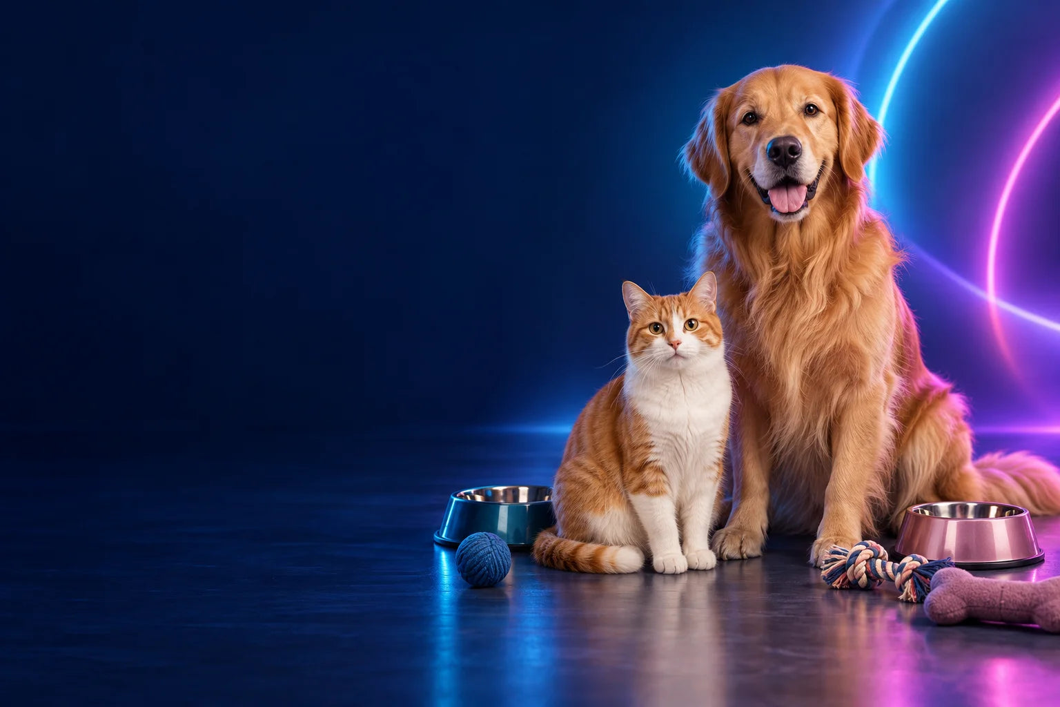 A golden retriever and a cat together in a colorful, softly lit studio